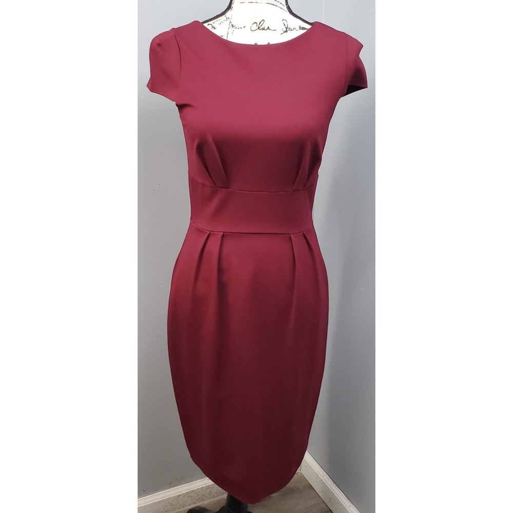 Closet Bodycon Dress Womens 8 Red Viscose Cap Sleeve Gathered‎ Waist Back Zip